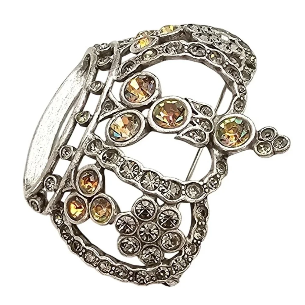 Anne Klein Silver Tone Crown Brooch, Smoky Vitrail Rhinestone Pin Signed, J303